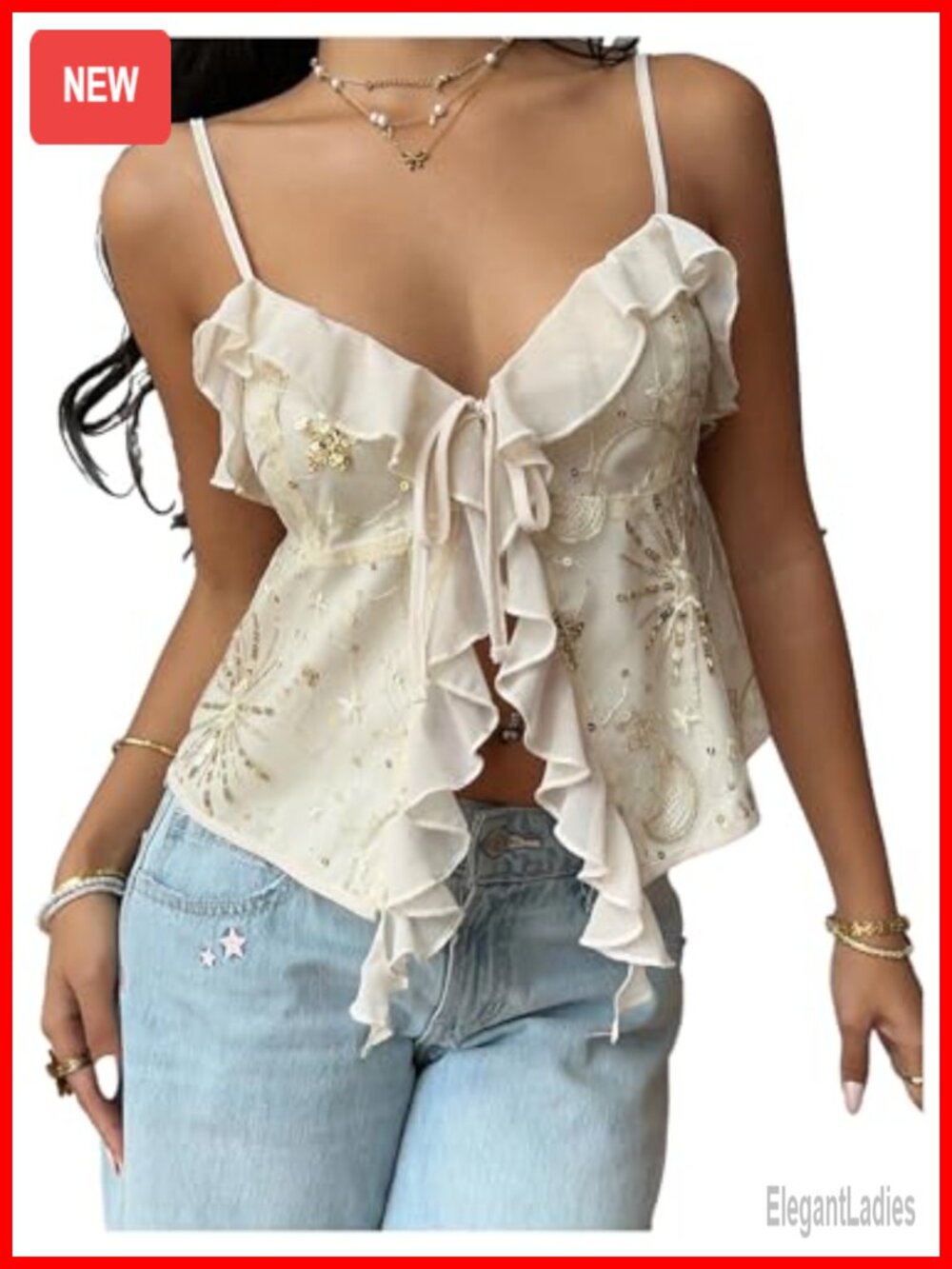 Women's Sequin Camisole Top V Neck Spaghetti Strap Ruffle Trim Party